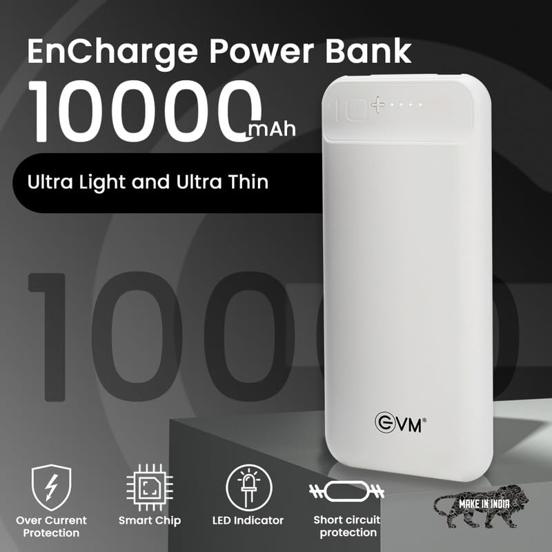 EVM Encharge 10000mAh Power Bank | Dual USB Output | Li-Polymer Battery | Dual Input Micro USB & Type-C | Portable Mobile Charger | Black/White (EVM-P0109-White)