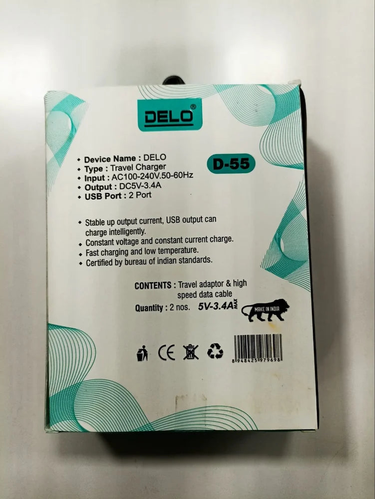 Delo 3.4A Dual USB Wall Charger with Micro USB Cable (D-55)