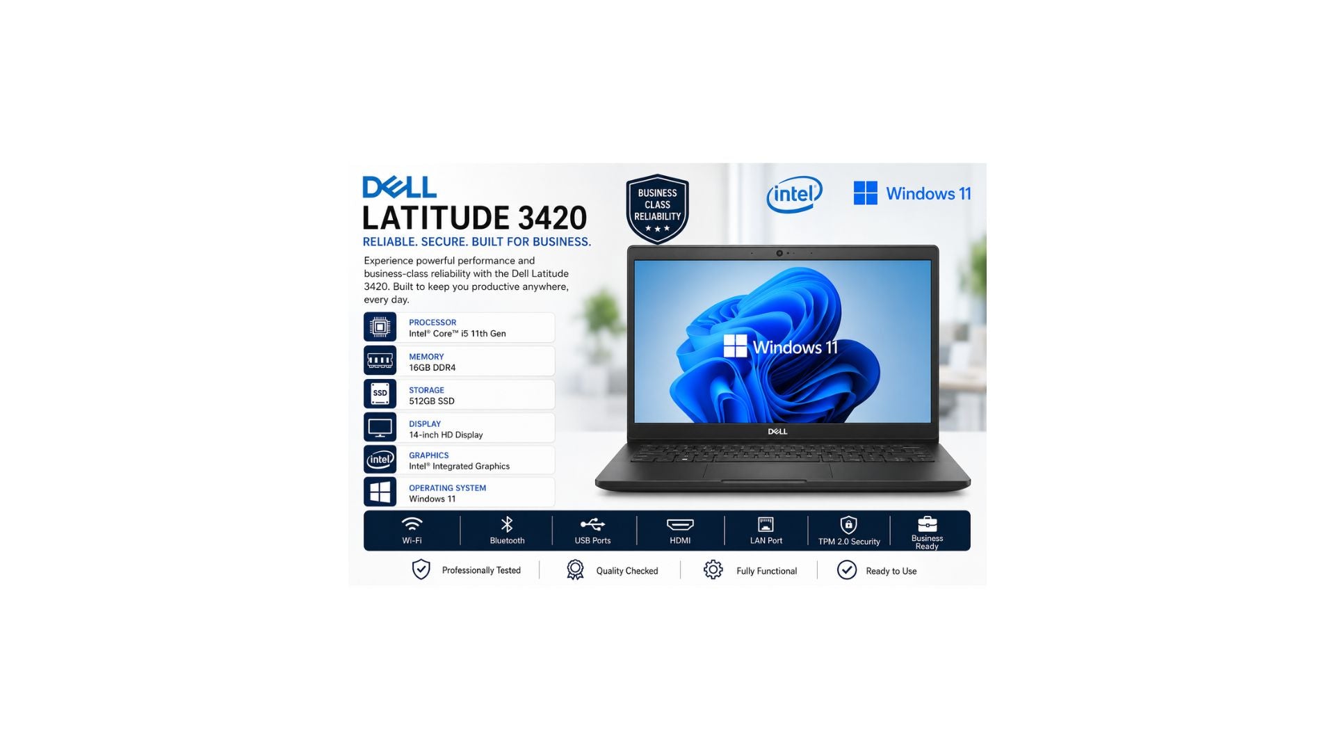 Refurbished Dell Latitude 3420 | Intel Core i5 11th Gen | 16GB RAM | 512GB SSD | 14" Display | Windows 11