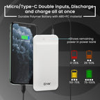 EVM Encharge 10000mAh Power Bank | Dual USB Output | Li-Polymer Battery | Dual Input Micro USB & Type-C | Portable Mobile Charger | Black/White (EVM-P0109-White)