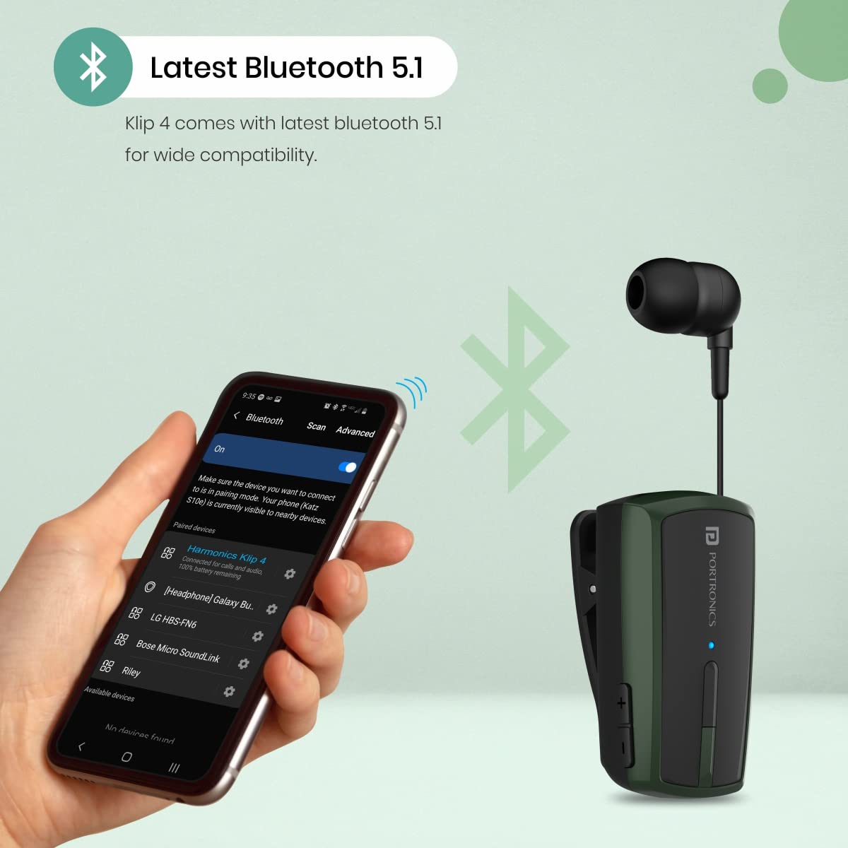 Portronics Harmonics Klip 4 Retractable Bluetooth Music & Calling Earphone with Long Playtime, Vibration Prompt (Green)