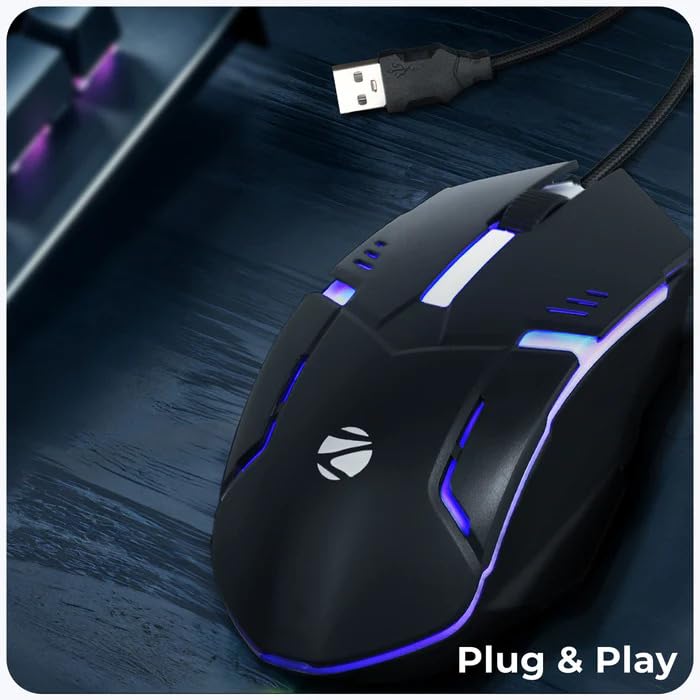 ZEBRONICS Zeb Scorpio Pro with a High-Performance Gold-Plated USB Mouse: 3 Buttons, Multi-Color LED Lights,High-Resolution Sensor with 1.3 metre Braided Cable, and DPI Switch(Black)