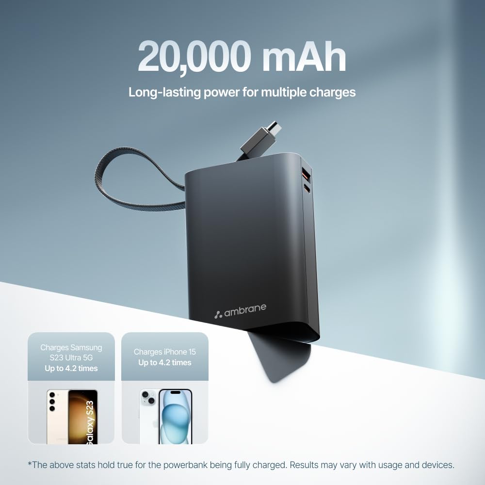 Ambrane 20000mAh Pocket Size Power Bank with Inbuilt Type-C Cable