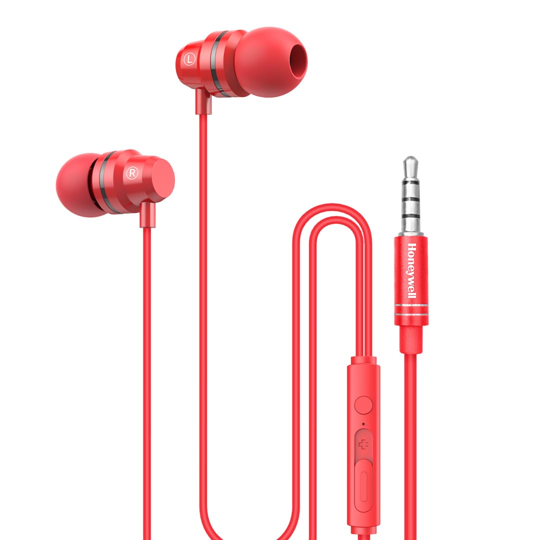 Honeywell Moxie V50 Wired Earphones with Built in Mic, 10mm*2 Drivers, Passive Noise Cancellation, Deep Bass & Clear Sound, Ultra HD Mic Quality, 3.5mm AUX, Voice Assistant Enabled, 1.2 Mtr