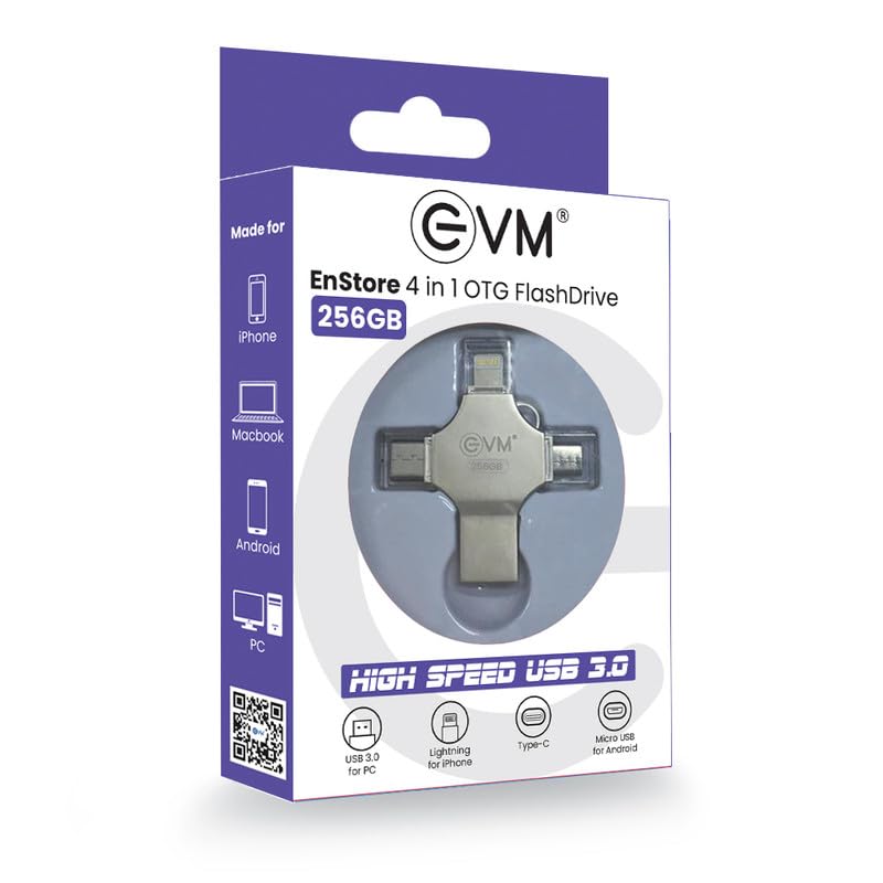 EVM 256GB 4-in-1 OTG Flash Drive | USB 3.0 100MB/s | Type-C Type-A Lightning Micro USB | Pendrive for iPhone Android Laptop | 10 Year Warranty (EVM4D/256G)