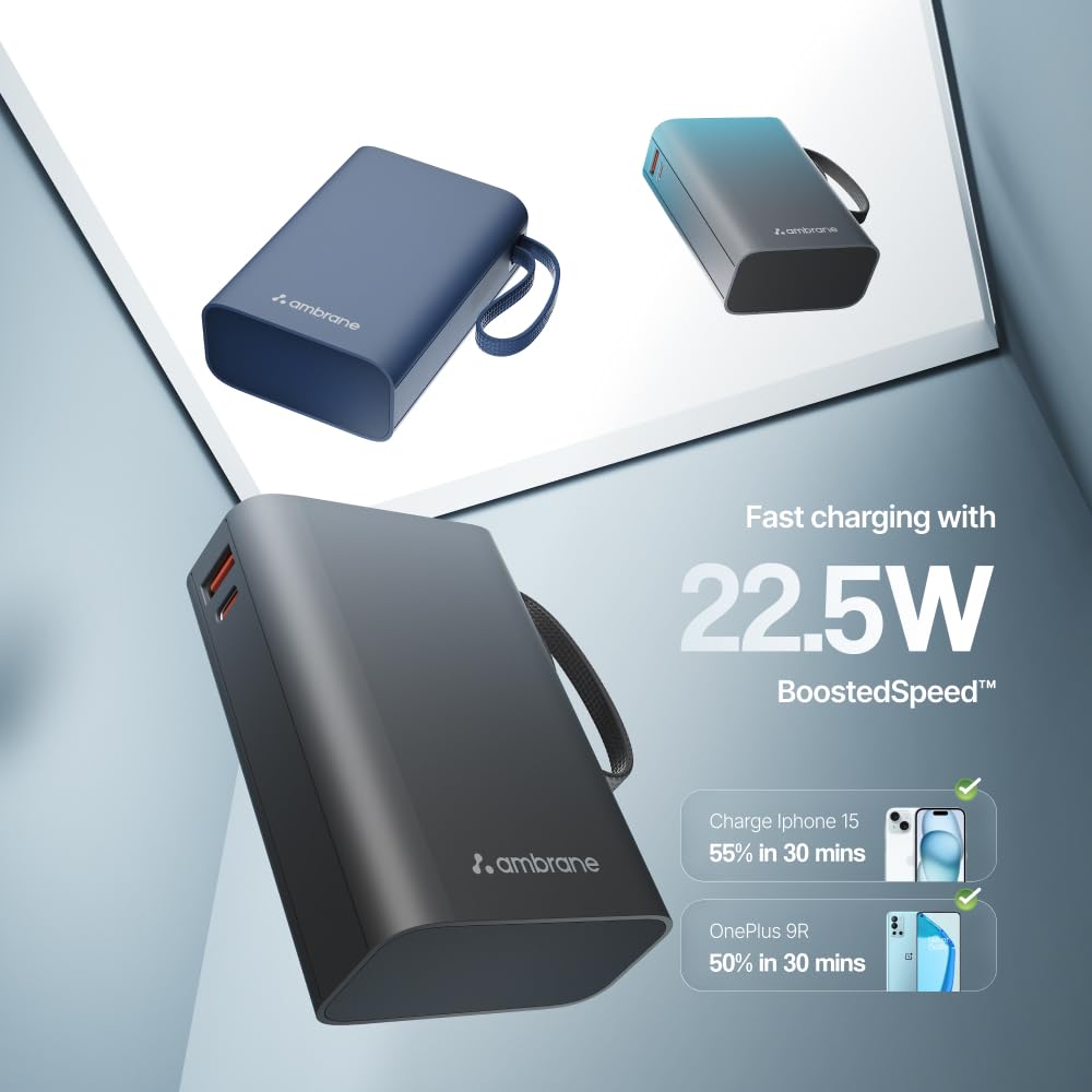 Ambrane 20000mAh Pocket Size Power Bank with Inbuilt Type-C Cable