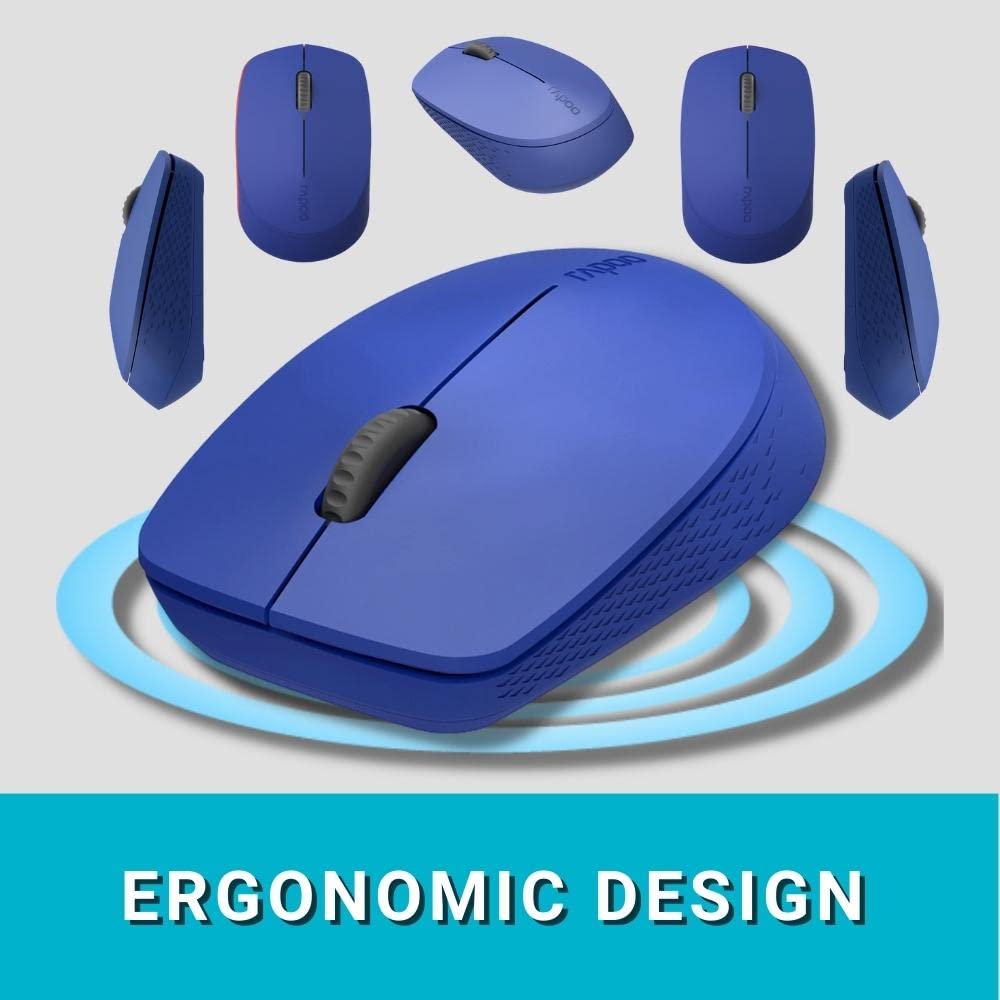 Rapoo M100 Ultra Silent Wireless Mouse With Bluetooth Multi-Device Connectivity Upto 3 Devices, Ergonomic Design, 1300 DPI & 10 Meter Range for PC/Laptop/Macbook/Tablet Phones, 3 Years Warranty - Blue