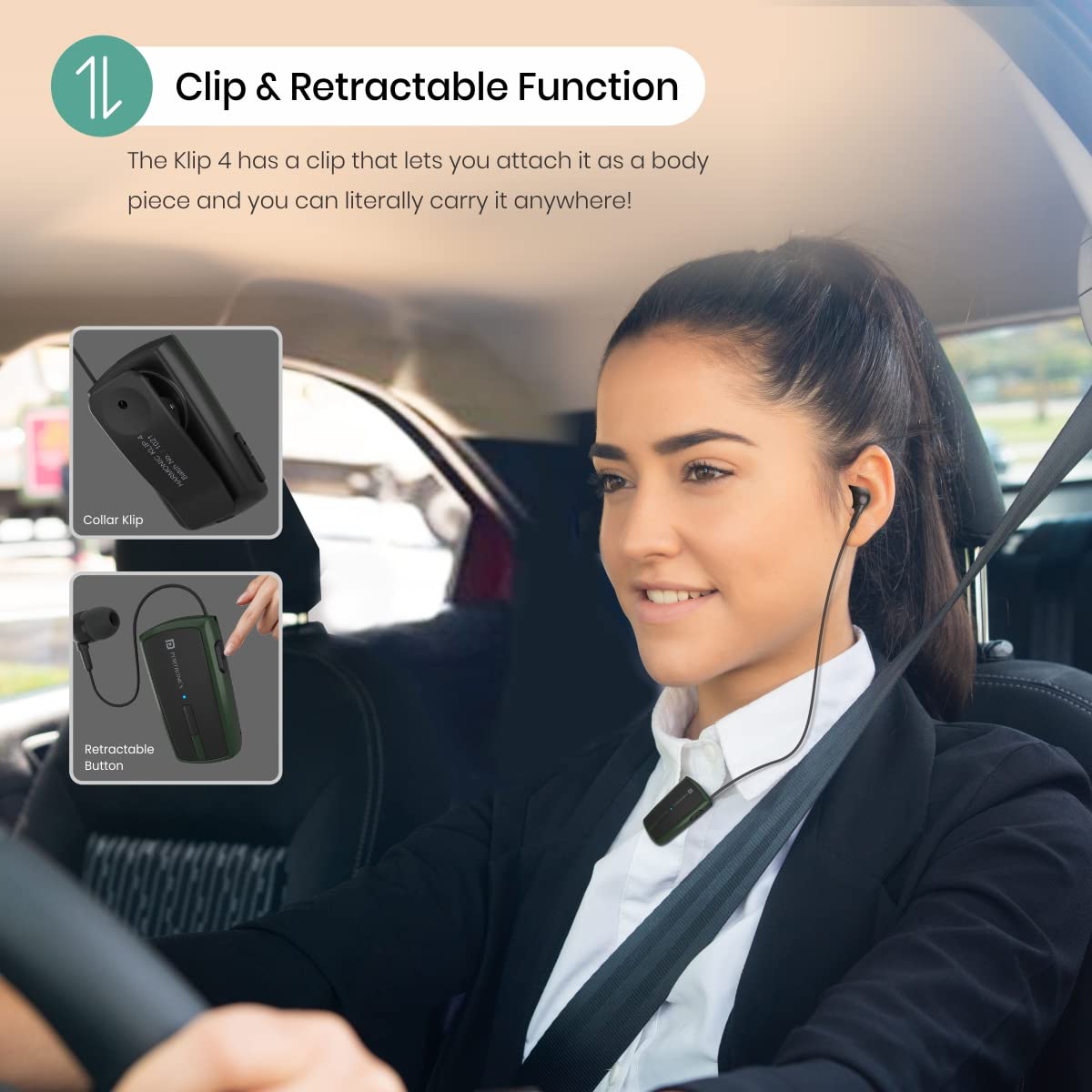 Portronics Harmonics Klip 4 Retractable Bluetooth Music & Calling Earphone with Long Playtime, Vibration Prompt (Green)