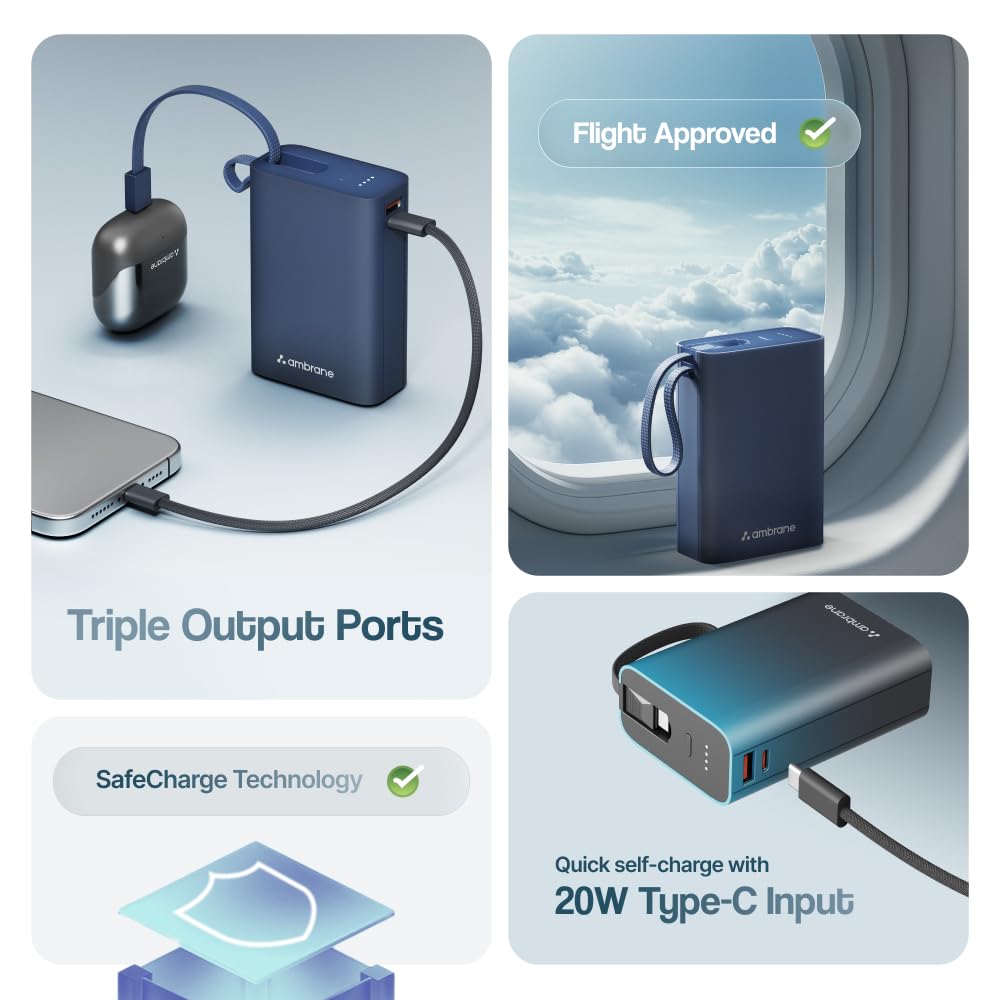 Ambrane 20000mAh Pocket Size Power Bank with Inbuilt Type-C Cable