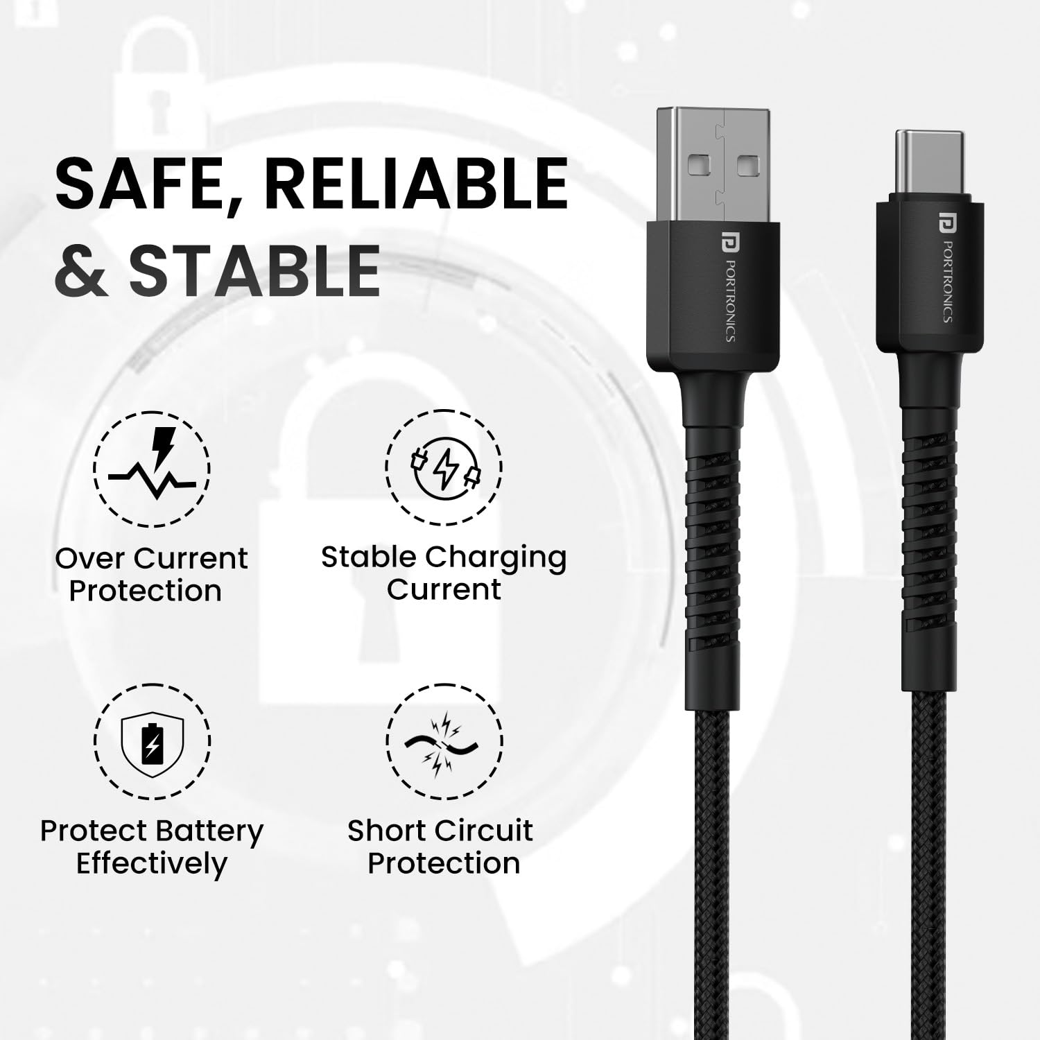 Portronics Konnect X 3A Unbreakable Nylon Braided USB to Type C Fast Charging Cable 2M Long