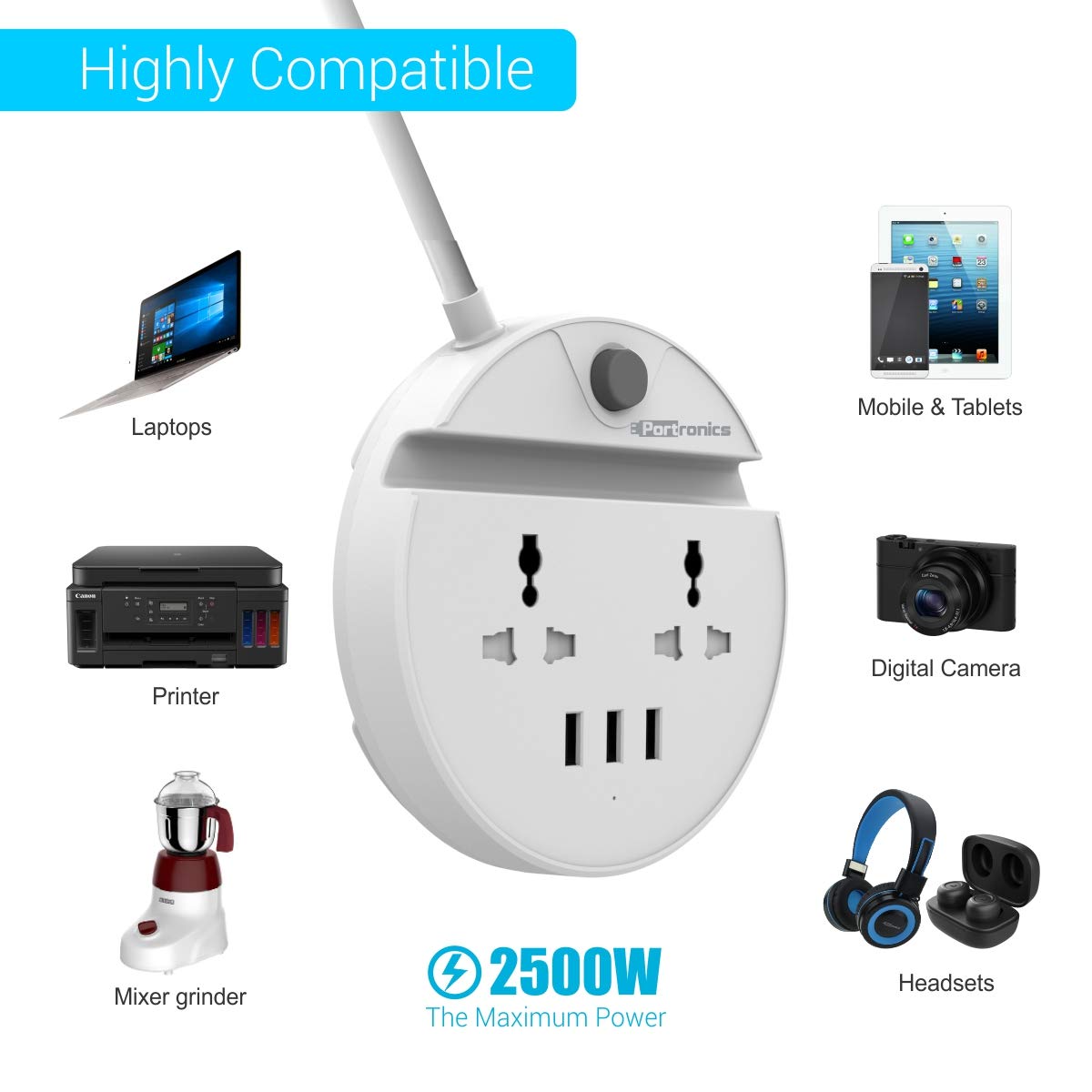 Portronics Power Bun Extension Board with 2 Universal Sockets & 3 USB Ports