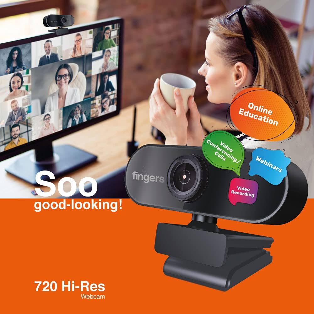 FINGERS 720 Hi-Res Webcam with 720p Wide Angle Lens and Built-in Mic