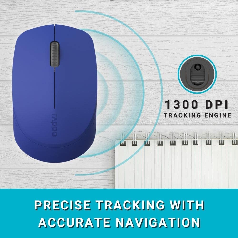 Rapoo M100 Ultra Silent Wireless Mouse With Bluetooth Multi-Device Connectivity Upto 3 Devices, Ergonomic Design, 1300 DPI & 10 Meter Range for PC/Laptop/Macbook/Tablet Phones, 3 Years Warranty - Blue