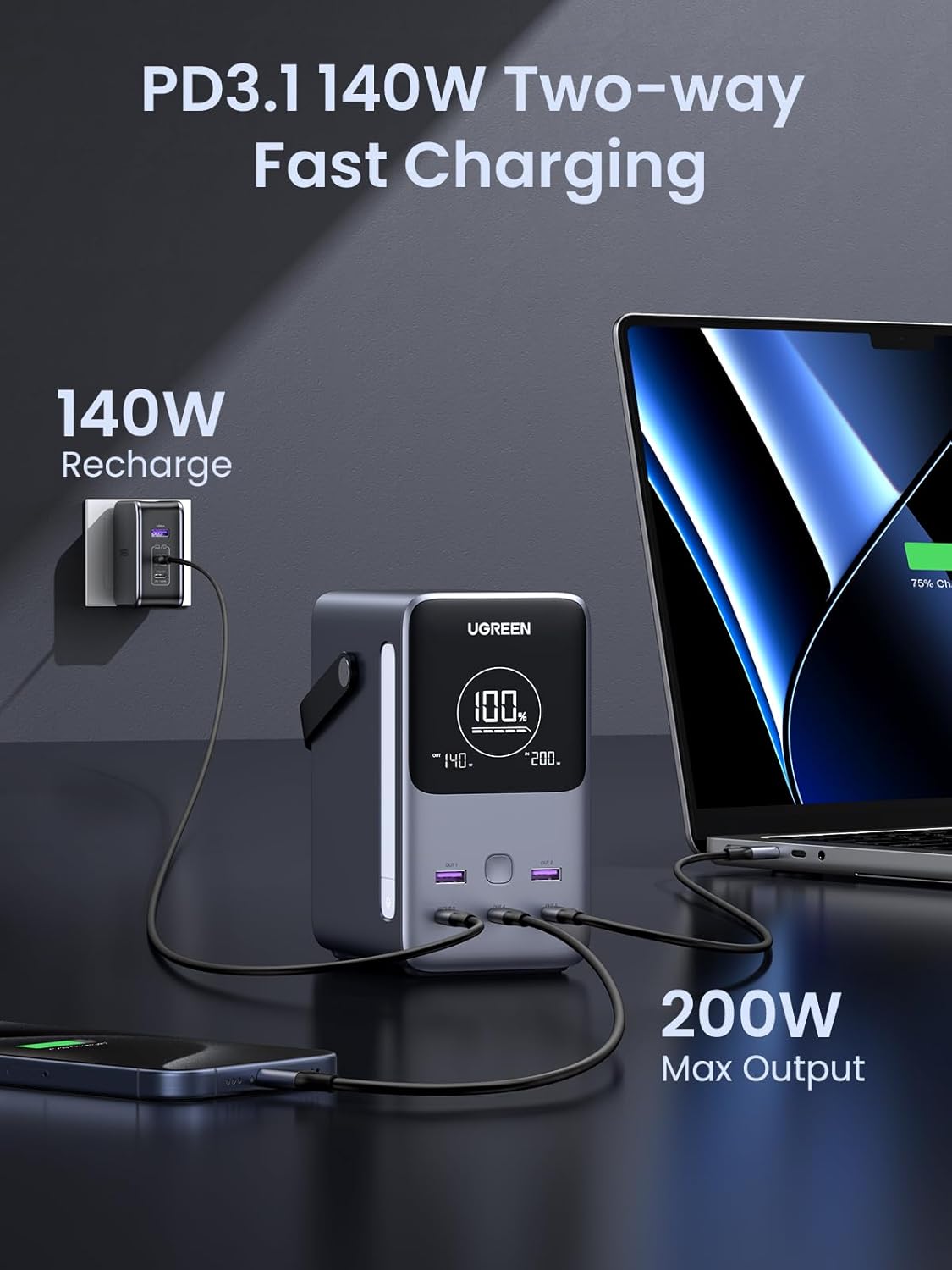 UGREEN 300W 48,000mAh Portable Charger Power Bank with Smart Digital Display