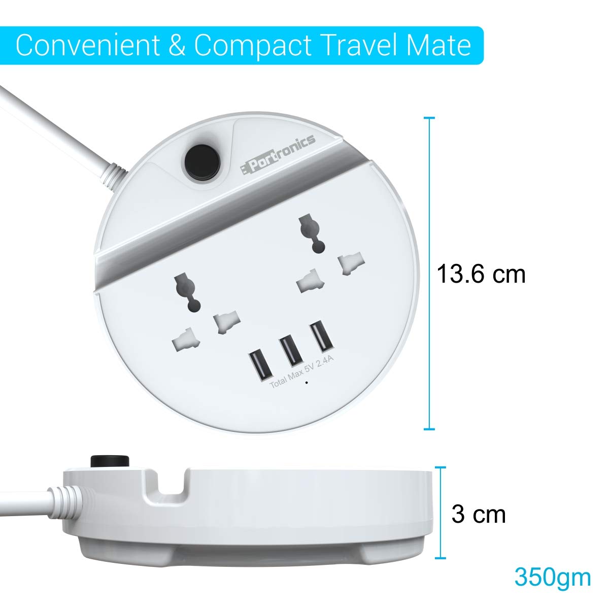 Portronics Power Bun Extension Board with 2 Universal Sockets & 3 USB Ports