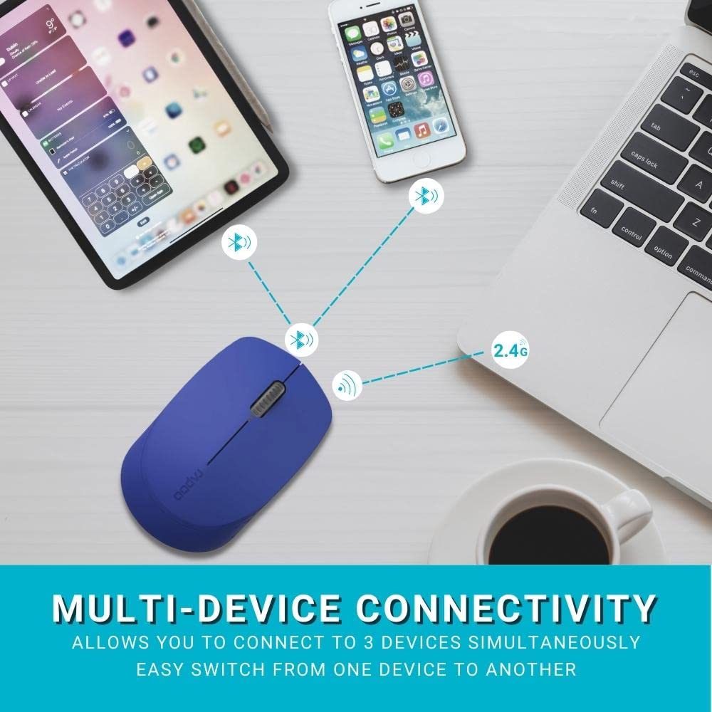 Rapoo M100 Ultra Silent Wireless Mouse With Bluetooth Multi-Device Connectivity Upto 3 Devices, Ergonomic Design, 1300 DPI & 10 Meter Range for PC/Laptop/Macbook/Tablet Phones, 3 Years Warranty - Blue