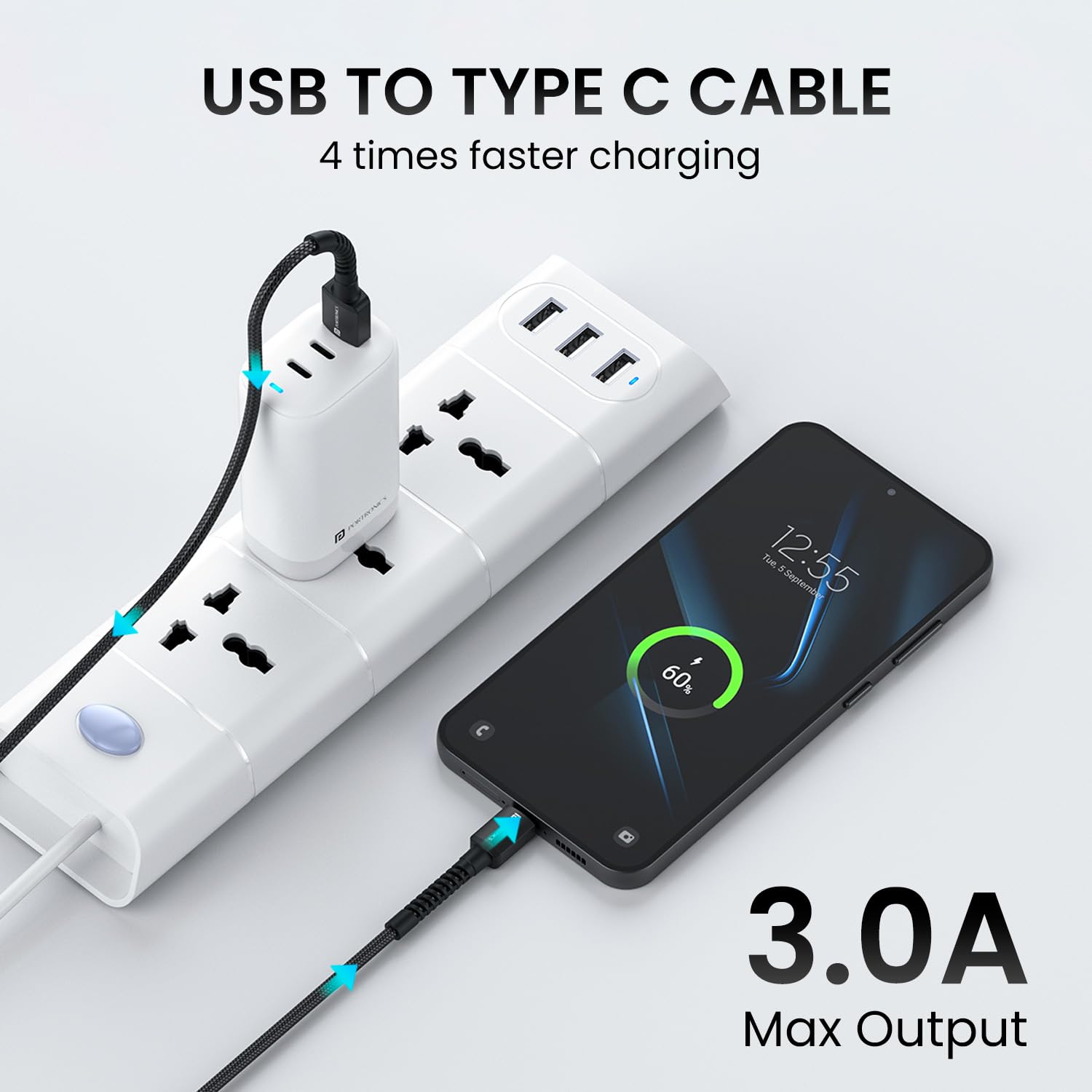 Portronics Konnect X 3A Unbreakable Nylon Braided USB to Type C Fast Charging Cable 2M Long