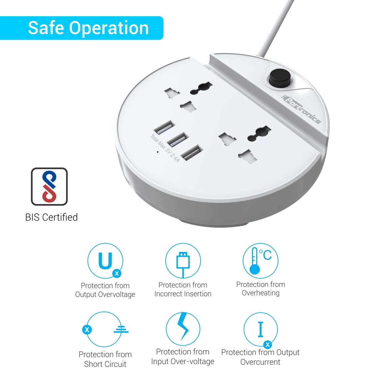 Portronics Power Bun Extension Board with 2 Universal Sockets & 3 USB Ports
