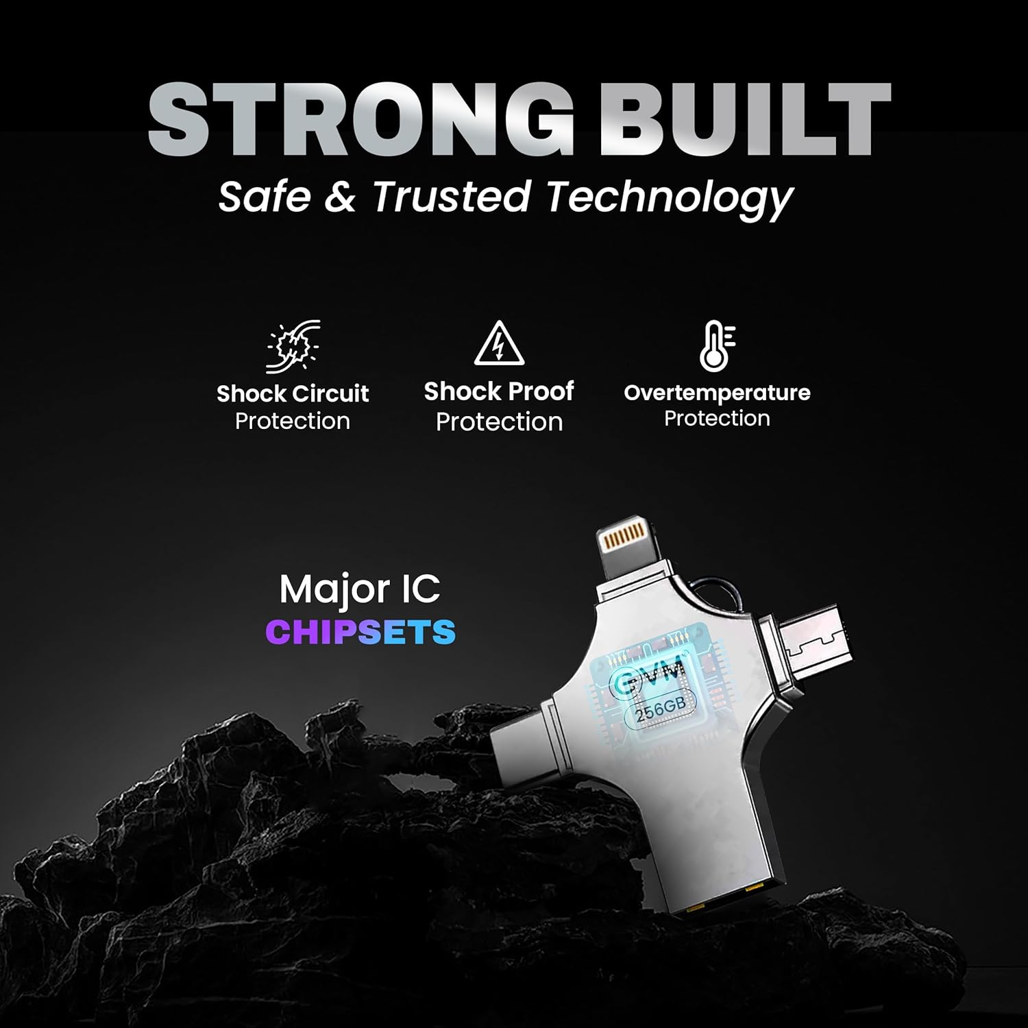 EVM 256GB 4-in-1 OTG Flash Drive | USB 3.0 100MB/s | Type-C Type-A Lightning Micro USB | Pendrive for iPhone Android Laptop | 10 Year Warranty (EVM4D/256G)