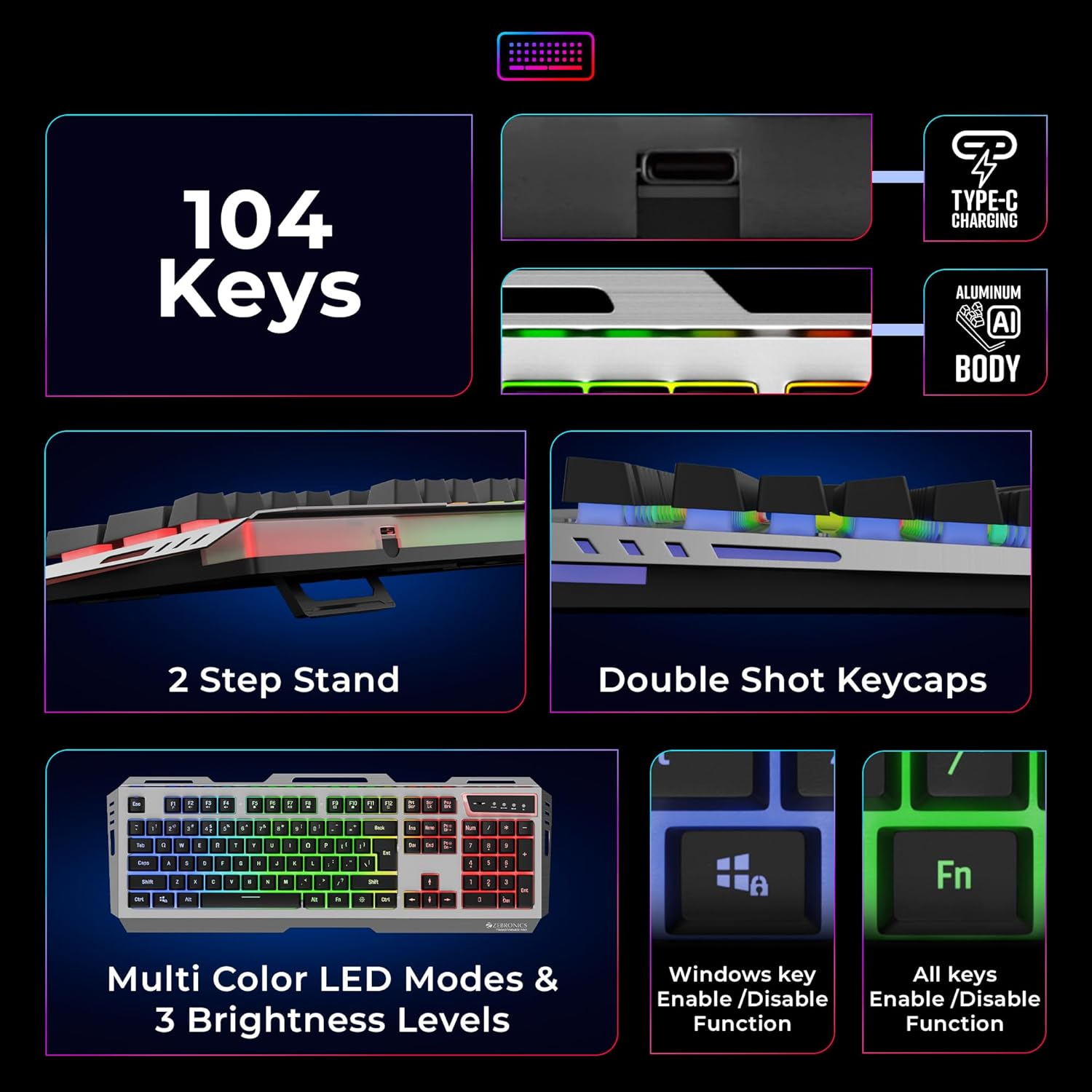 ZEBRONICS Transformer PRO Gaming Wireless Keyboard & Mouse Combo with 2.4GHz, Aluminum Body, Built in Battery, Multicolor LED Modes, Type C, Double Shot Keycaps, up to 4000 DPI