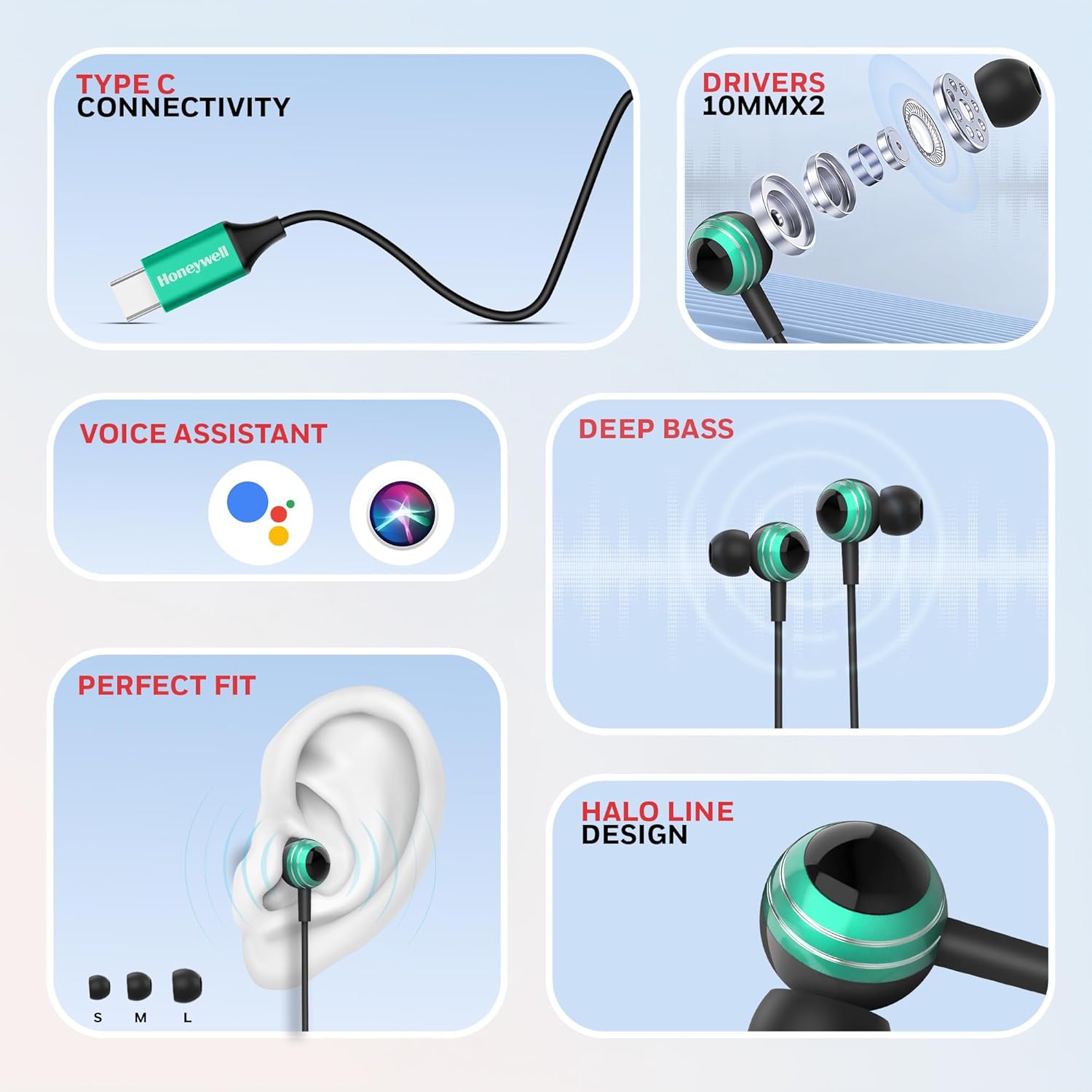 Honeywell Suono P70 Wired in Ear Earphones with Built in Mic 10mm*2 Drivers