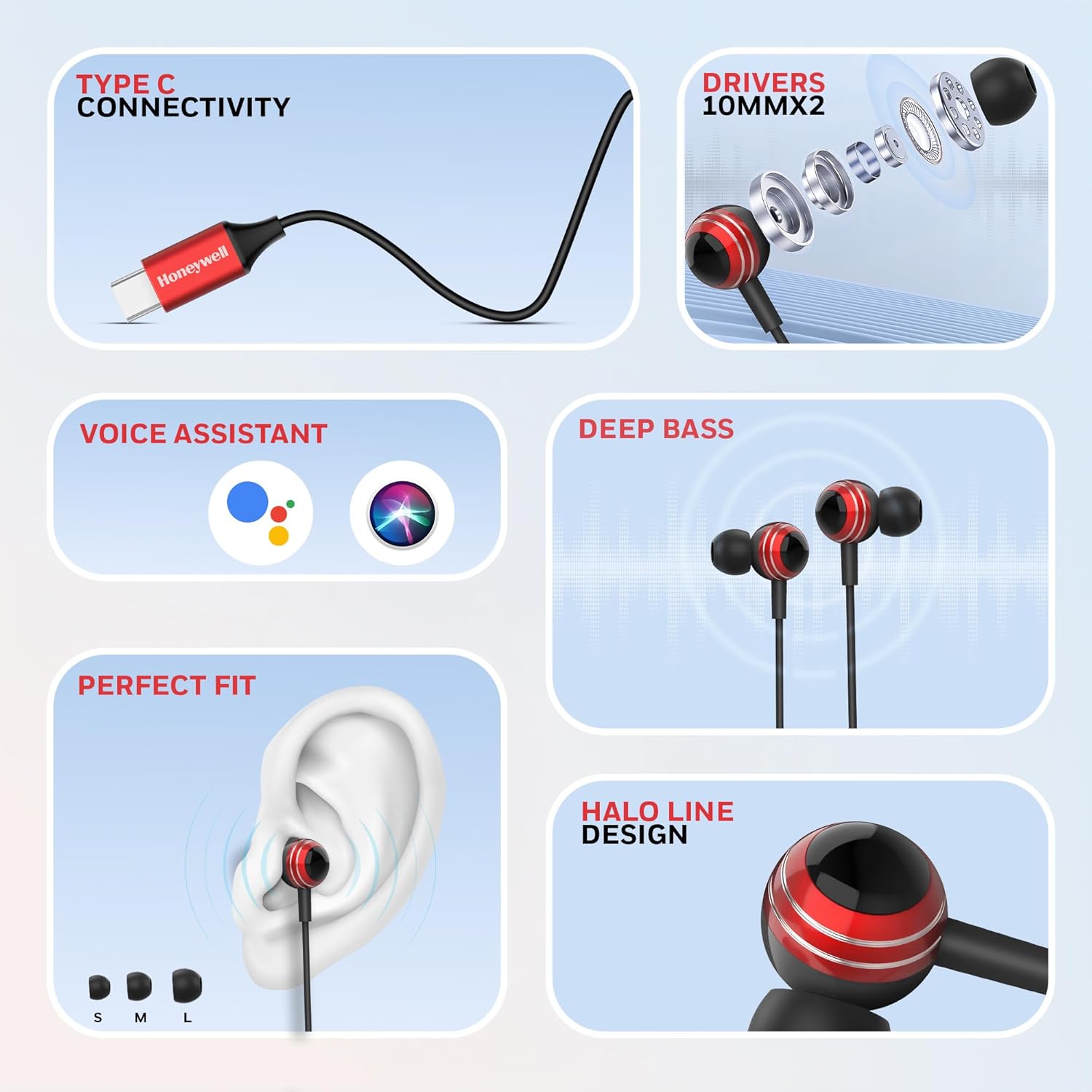 Honeywell Suono P70 Wired in Ear Earphones with Built in Mic 10mm*2 Drivers
