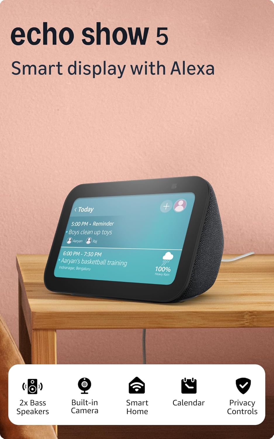 Amazon Echo Show 5 (latest model) | Smart display with Alexa, 2x bass speaker, clearer sound, camera for home monitoring, bluetooth | Charcoal