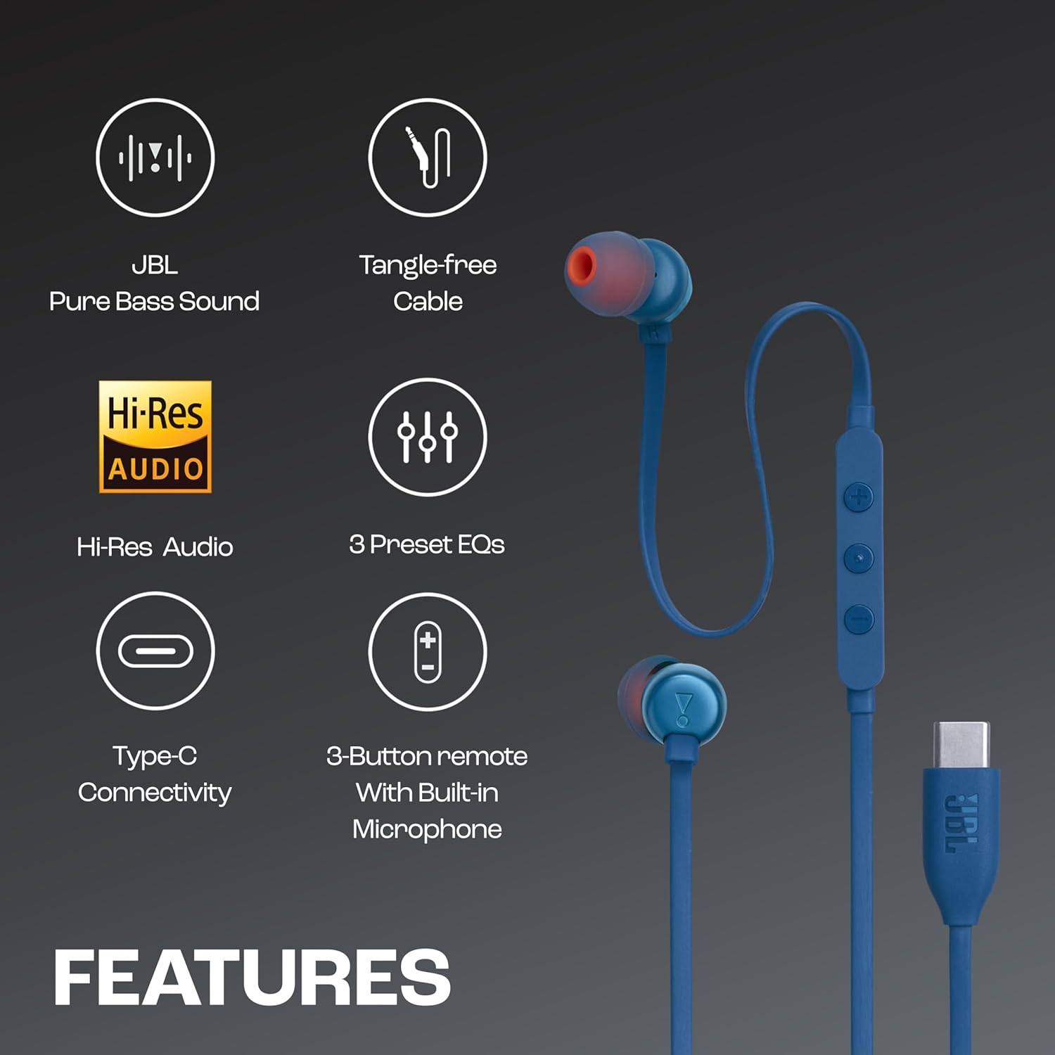JBL Tune 310 Wired in Ear Type C Headphones, Hi-Res Audio with Digital-to-Analog Converter