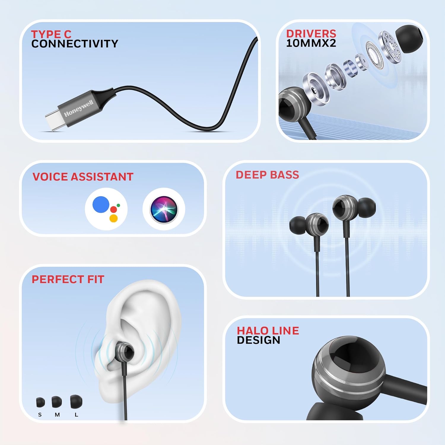 Honeywell Suono P70 Wired in Ear Earphones with Built in Mic 10mm*2 Drivers