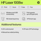 HP Laser 1008w Printer, Wireless, Single Function, Print, Hi-Speed USB 2.0, Up to 21 ppm, 150-sheet Input Tray, 100-sheet Output Tray, 10,000-page Duty Cycle