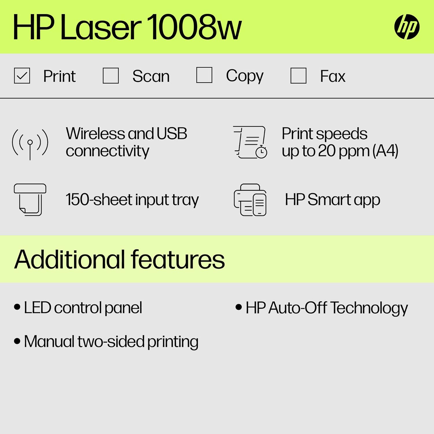 HP Laser 1008w Printer, Wireless, Single Function, Print, Hi-Speed USB 2.0, Up to 21 ppm, 150-sheet Input Tray, 100-sheet Output Tray, 10,000-page Duty Cycle