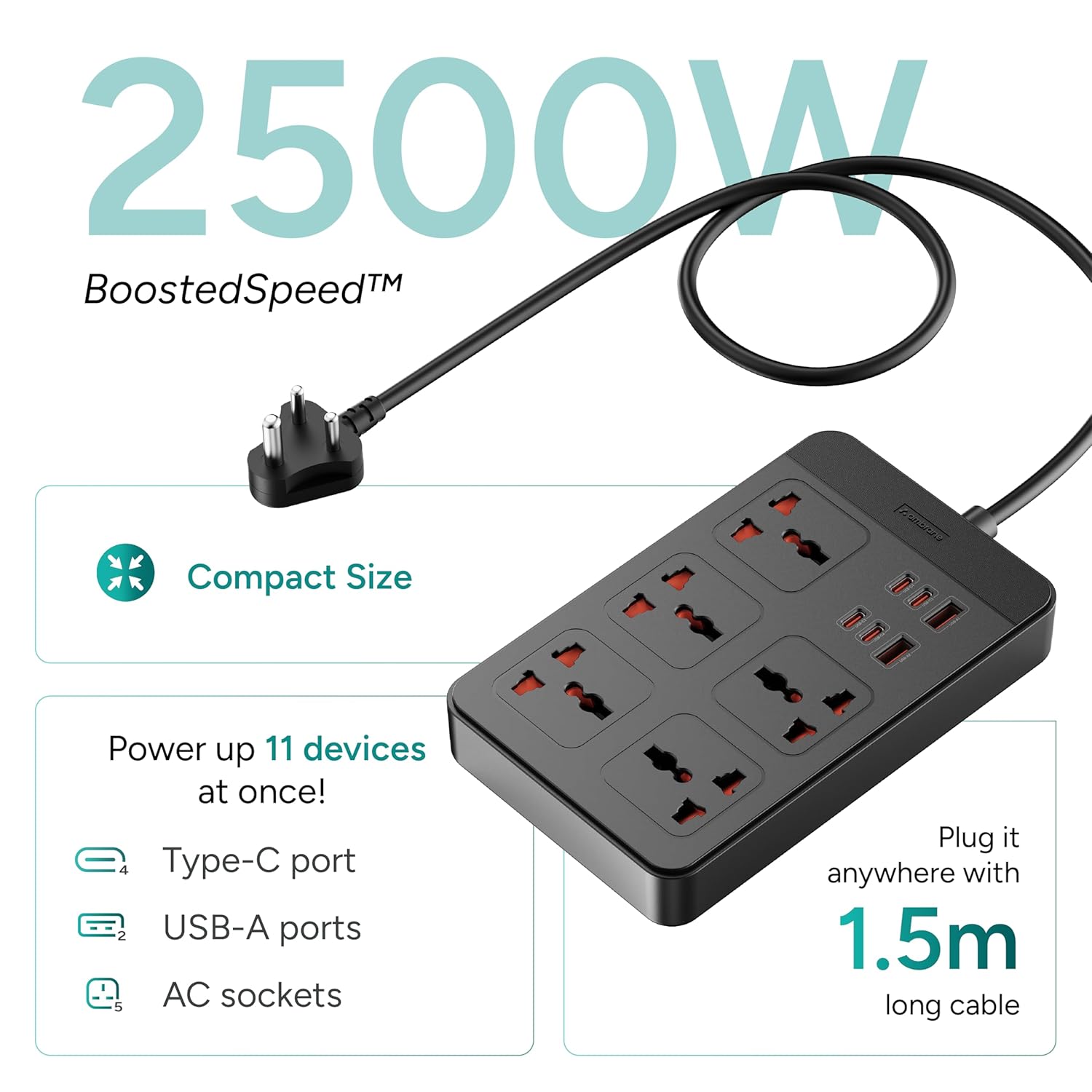 Ambrane Extension Board, 4 Type C, 2 USB, 5 International Power Sockets (SmartStrip 2 Pro, Black)