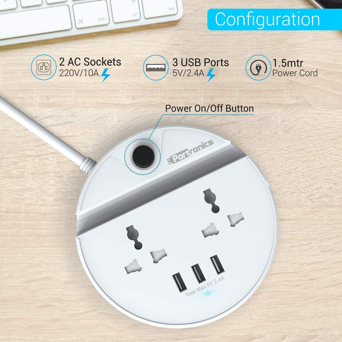 Portronics Power Bun Extension Board with 2 Universal Sockets & 3 USB Ports