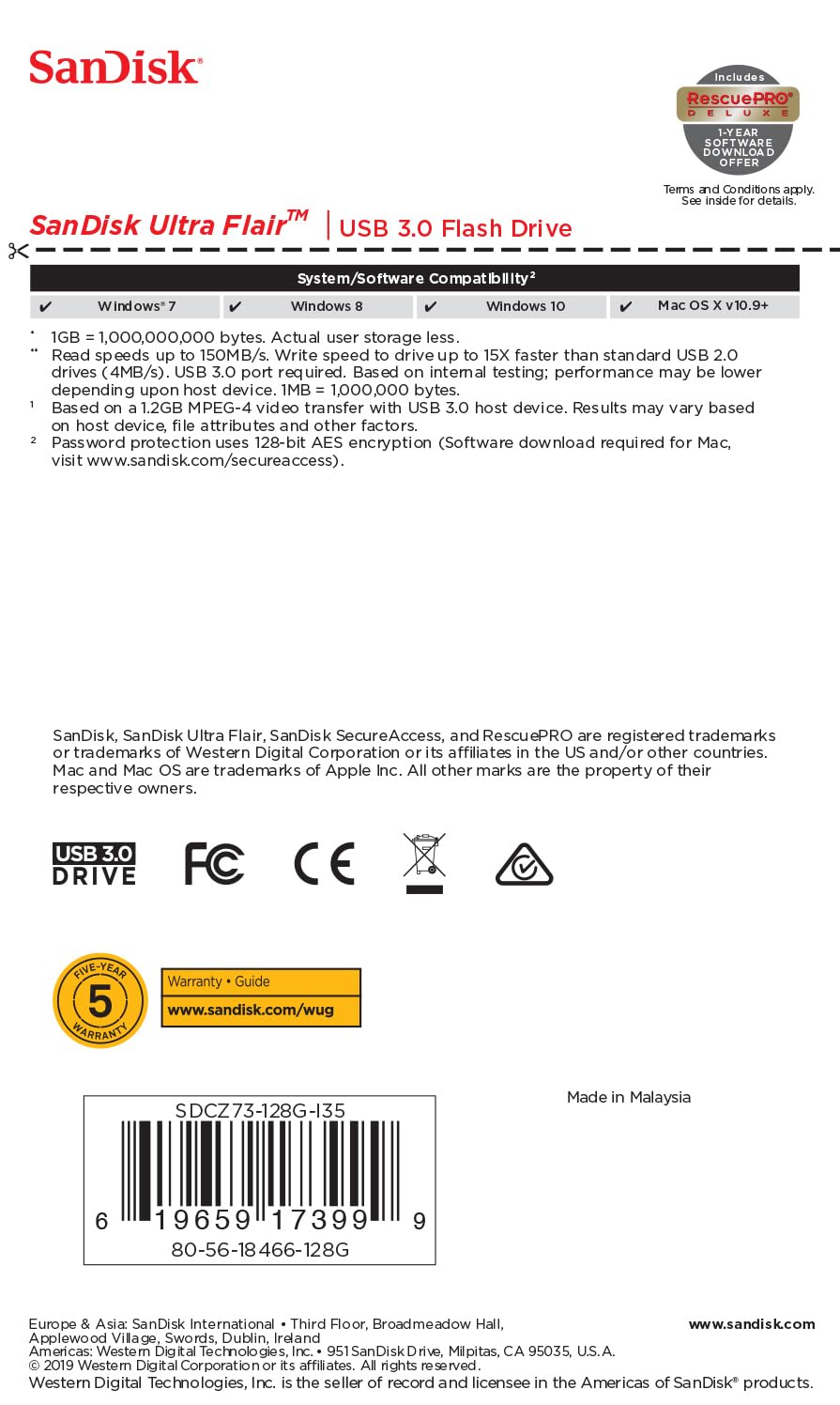 SanDisk Ultra Flair 128GB, USB 3.0, Flash Drive