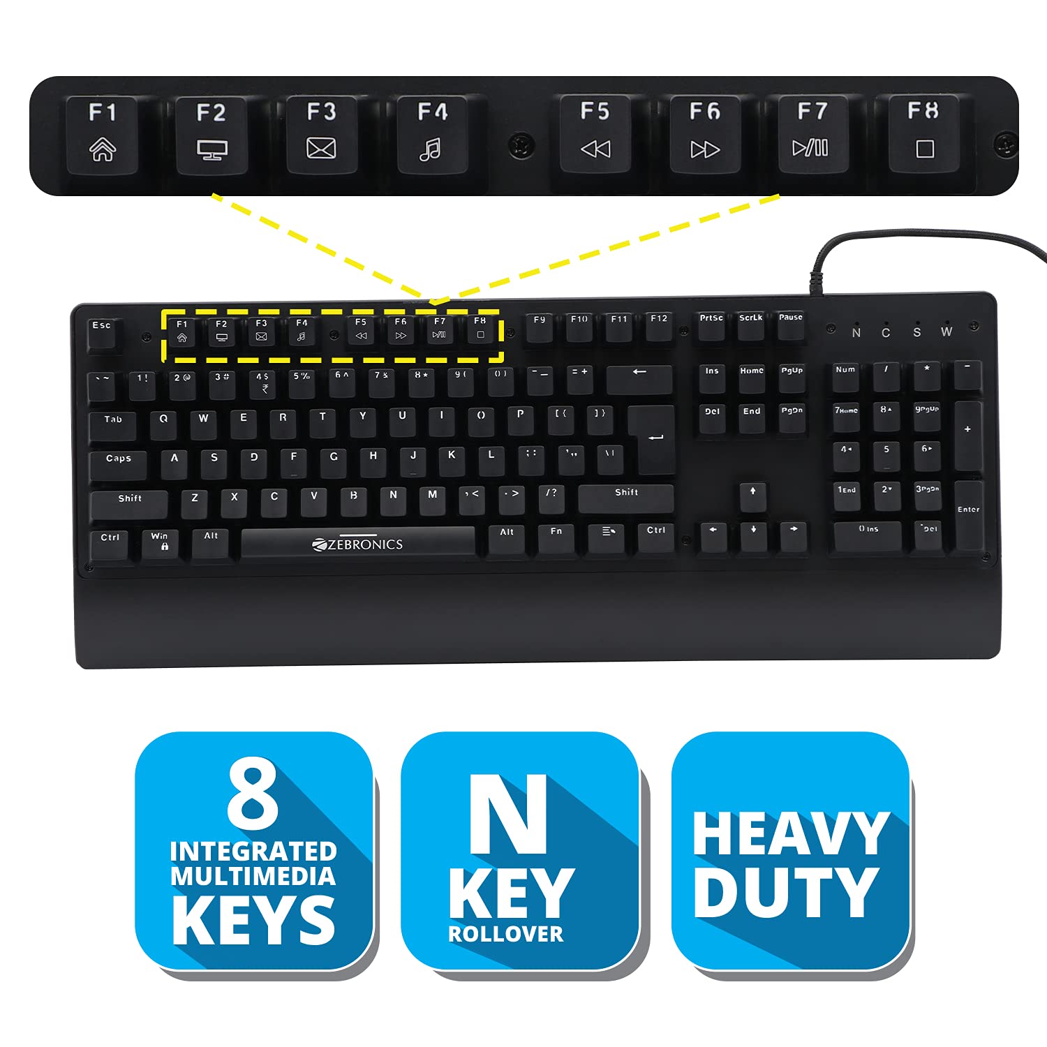 ZEBRONICS Zeb-Nitro 1 Heavy Duty 104 Keys Mechanical Keyboard with 1.8 Meter Braided Cable, Gold Plated USB Connector, Rupee Key, N-Key Rollover