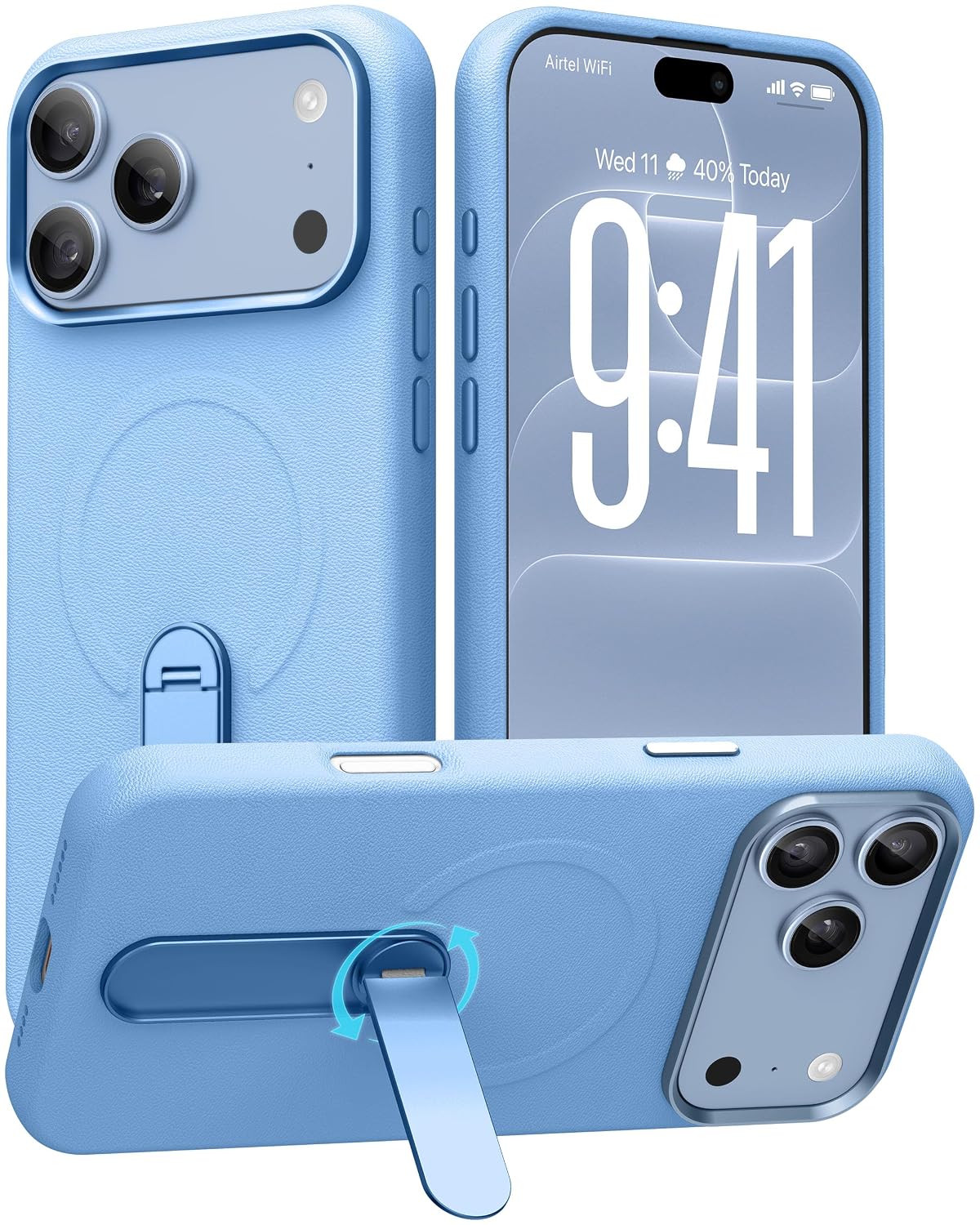 Vaku Luxos® ZAYRO Magpro MagSafe Leather Back Cover Case for iPhone 18 Pro Max with Allow Metal Stand | Sky Blue