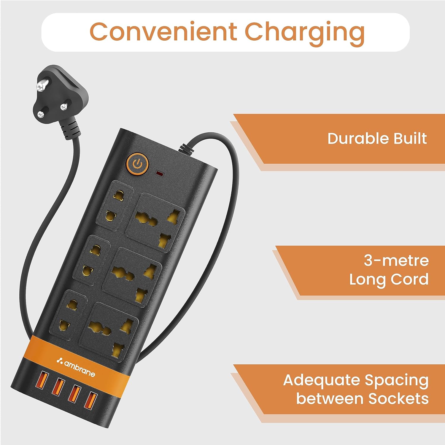 Ambrane Extension Board, 10 Ports with 4 USB Ports + 6 Power Sockets