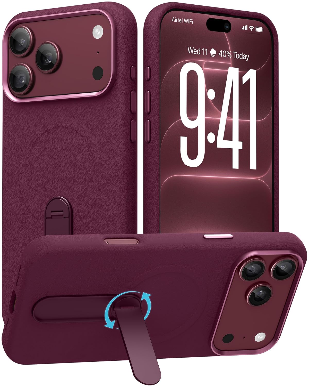 Vaku Luxos® ZAYRO Magpro Leather Back Cover Case for iPhone 18 Pro Max with Allow Metal Stand | Dark Cherry