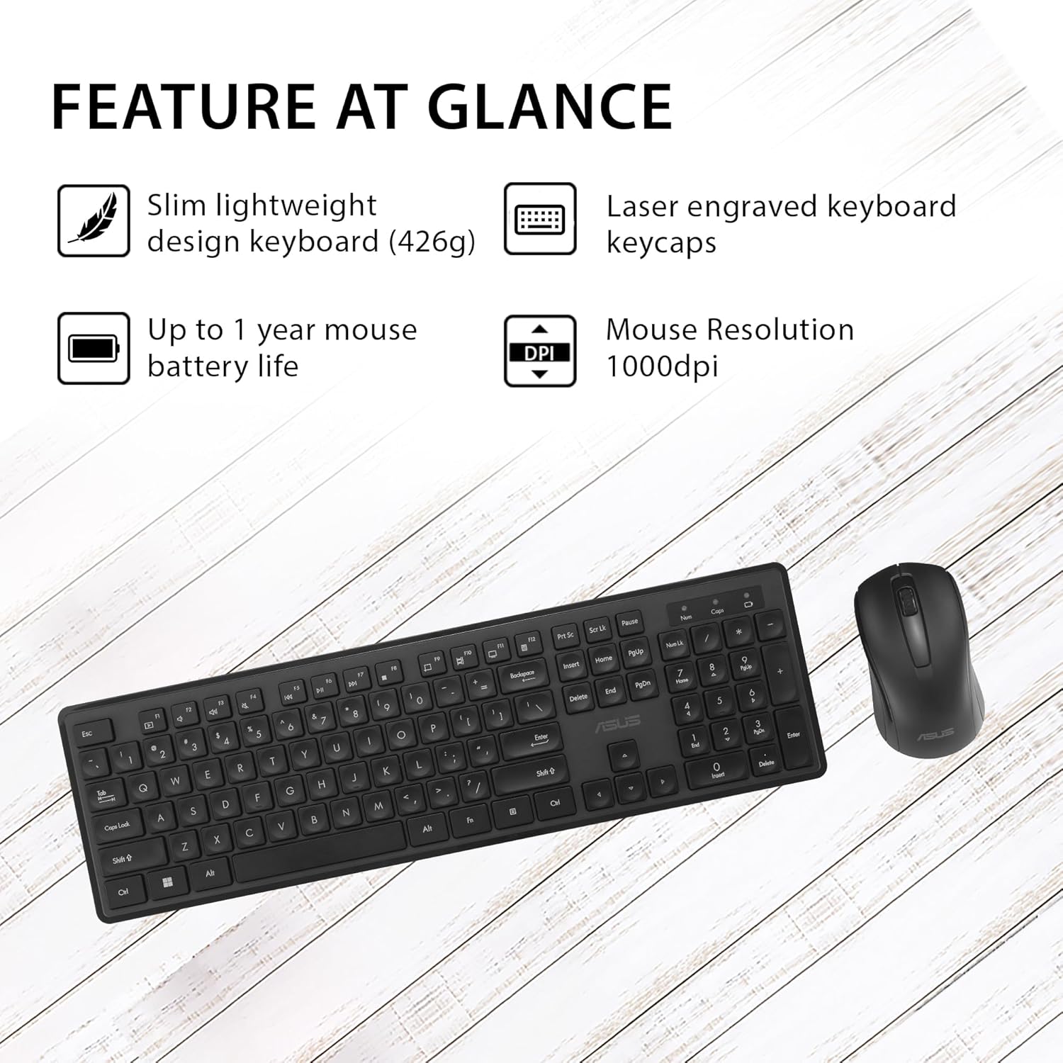 ASUS Wireless Keyboard and Mouse Set CW101, Upto 1000 Adjustable DPI,2.4 GHz Nano Receiver, Gaming-Grade, Laser-Engraved keycaps, Near-Silent Operation, Compact & Light Weight Design (Black)