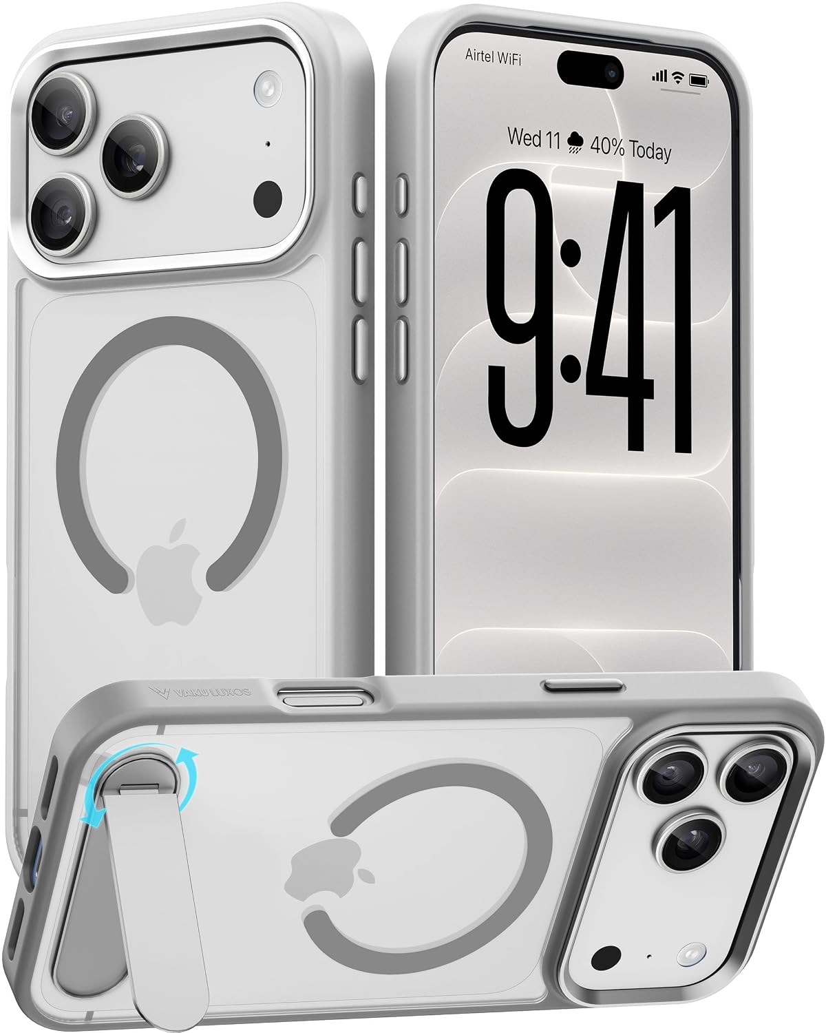 Vaku Luxos® Orion Magpro TPU Back Cover Case for iPhone 18 Pro with Allow Metal Stand | White