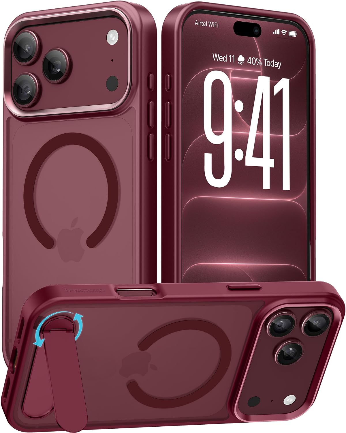 Vaku Luxos® Orion Magpro MagSafe TPU Back Cover Case for iPhone 18 Pro Max with Allow Metal Stand | Dark Cherry