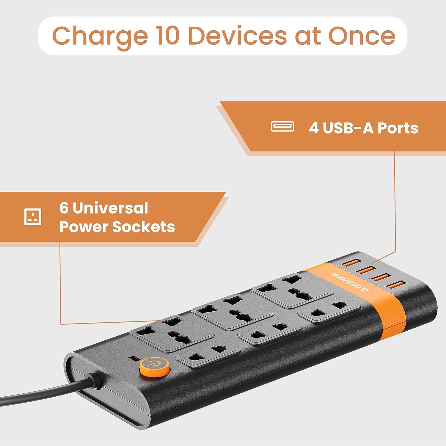 Ambrane Extension Board, 10 Ports with 4 USB Ports + 6 Power Sockets