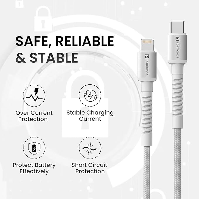 Portronics Konnect X 27W Type-C to Lightning Cable 2M – Fast Charging & Data Sync Cable