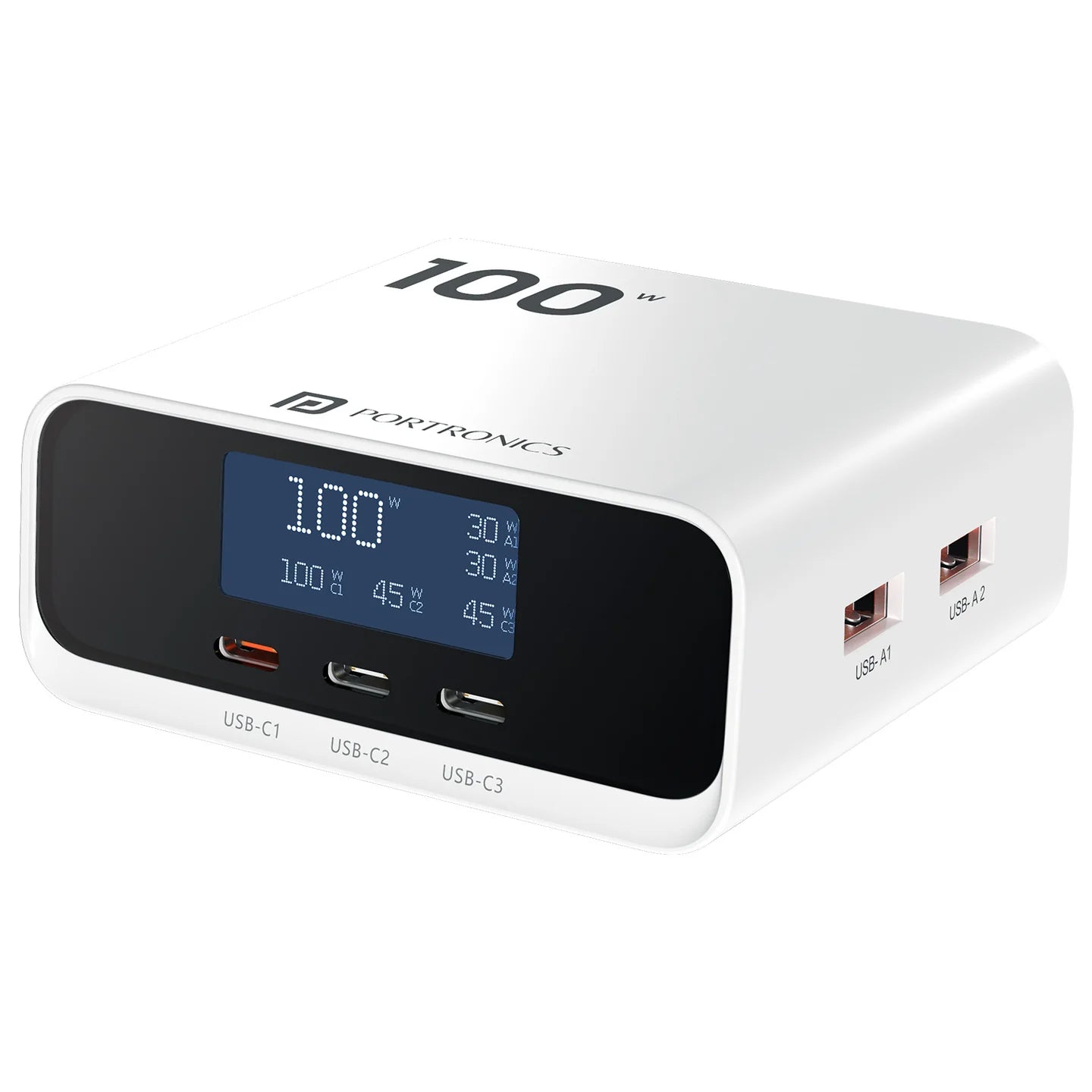 Portronics Adapto 100D 100W Charger – 5 Port GaN Fast Charging Desktop Hub (White)