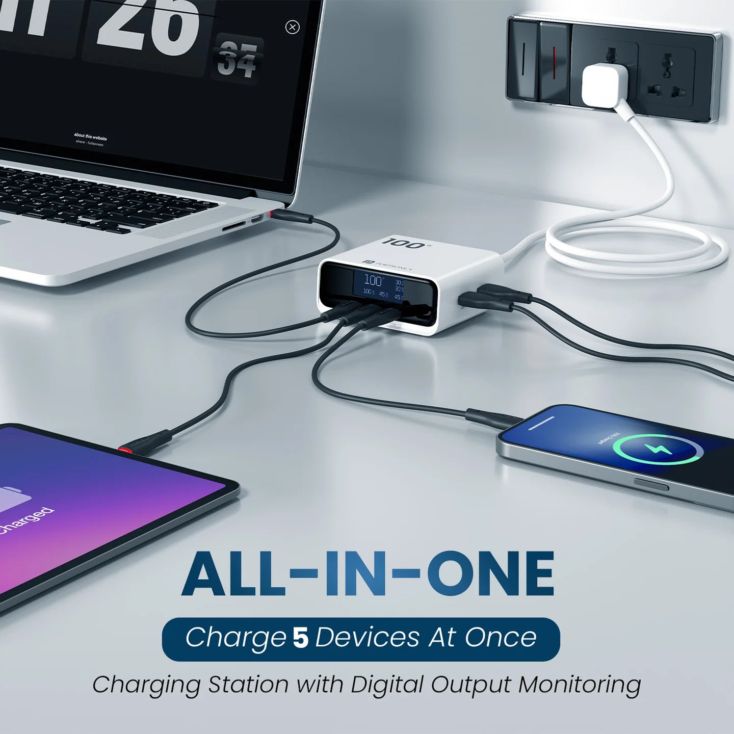 Portronics Adapto 100D 100W Charger – 5 Port GaN Fast Charging Desktop Hub (White)
