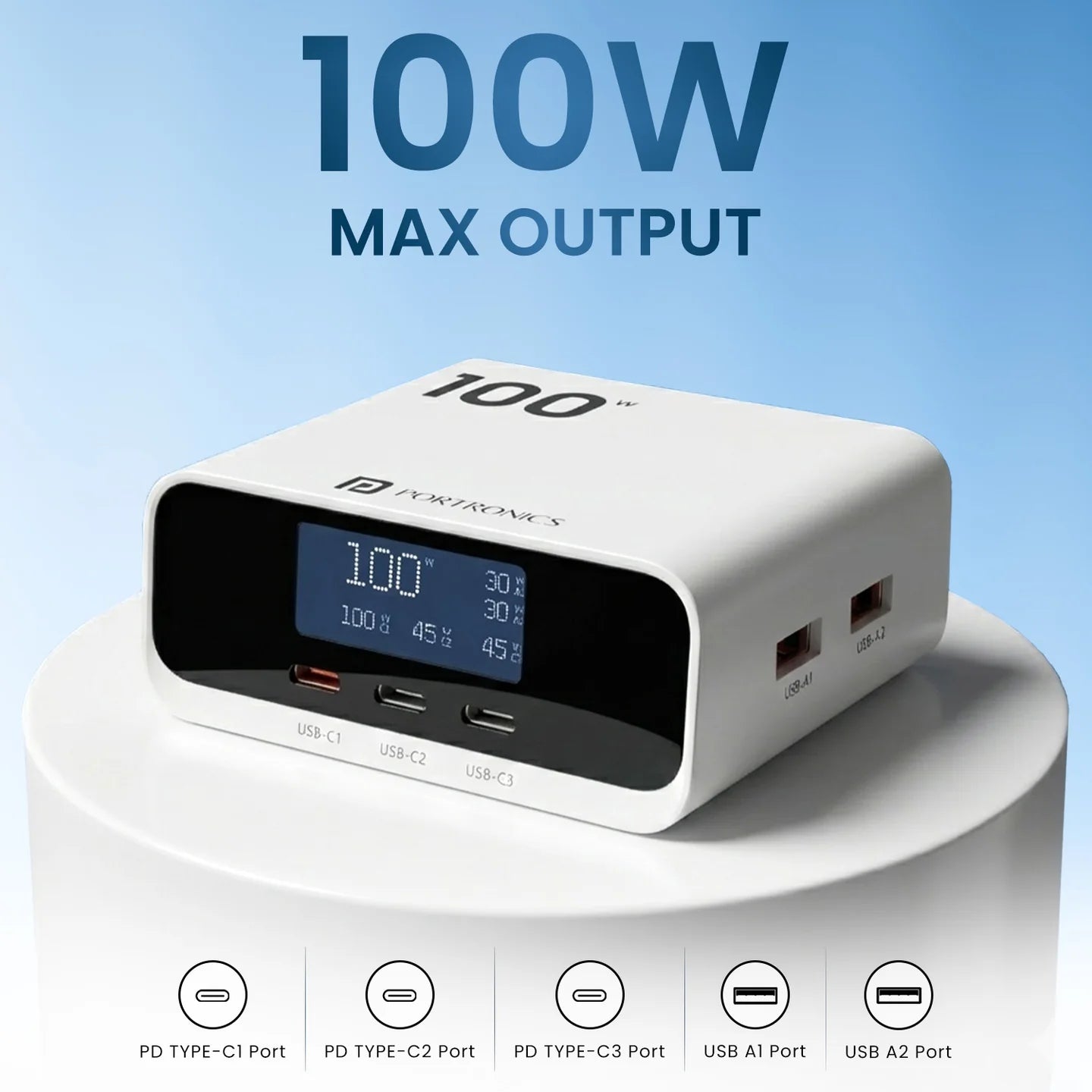 Portronics Adapto 100D 100W Charger – 5 Port GaN Fast Charging Desktop Hub (White)