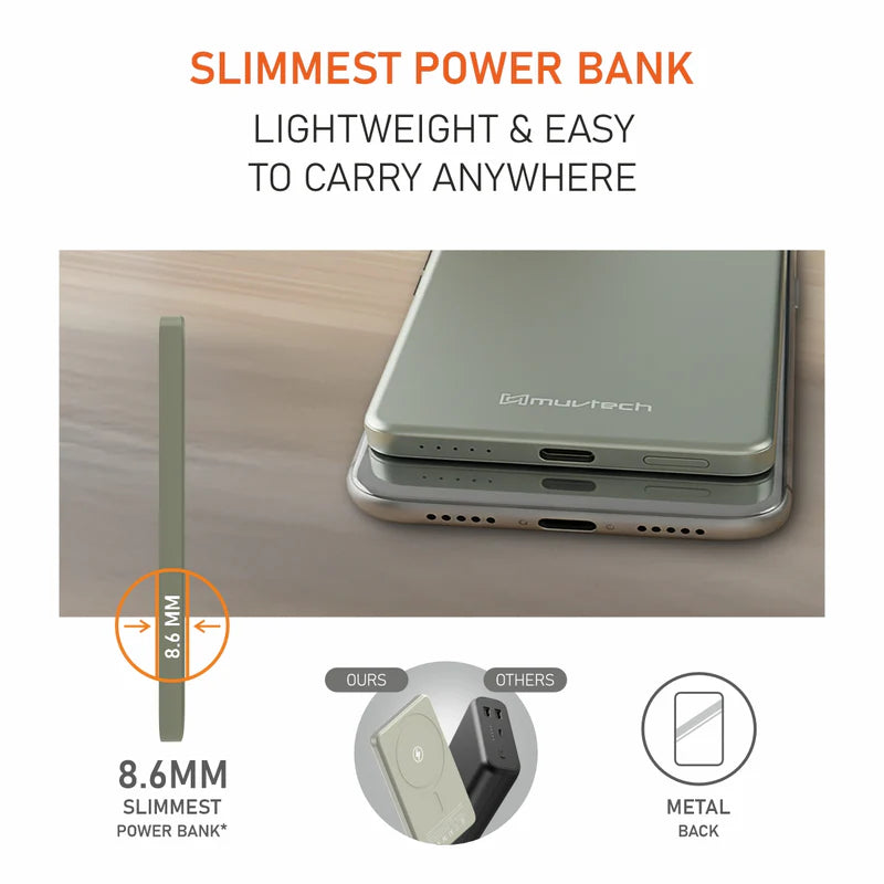 Muvtech AeroSlim 5000mAh Magnetic Wireless Power Bank Grey