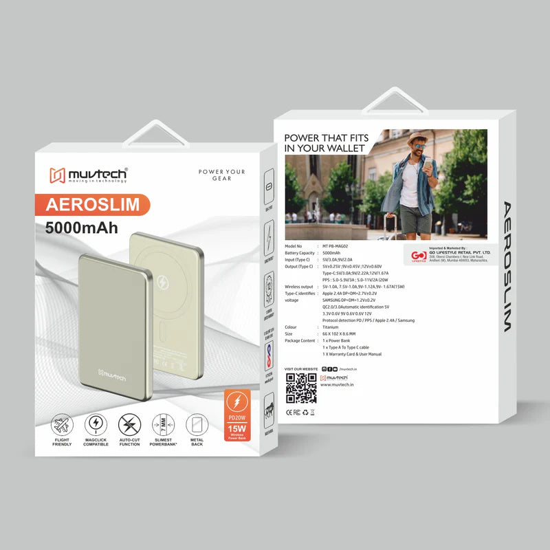 Muvtech AeroSlim 5000mAh Magnetic Wireless Power Bank Grey