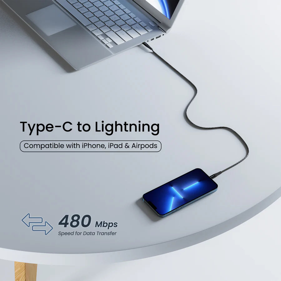 Ambrane Type-C to Lightning Cable – Fast Charging & Data Sync Cable for iPhone & iPad