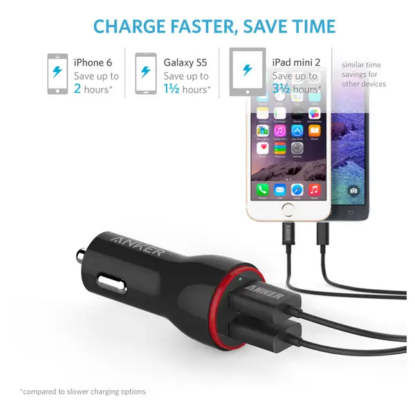 Anker PowerDrive 2 Car Charger B2310H11 with Micro USB Cable – Dual USB Fast Charging